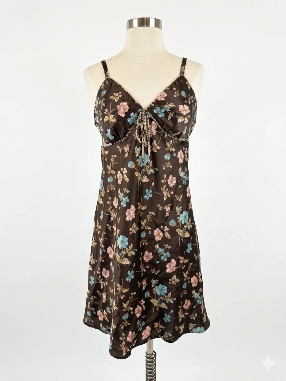 VTG Adonna chocolate Brown Floral satin slip Dress tie front back size large Y2K